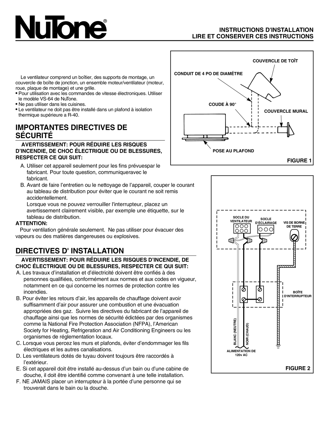 NuTone LS80LF, LS100LF important safety instructions Importantes Directives DE Sécurité 