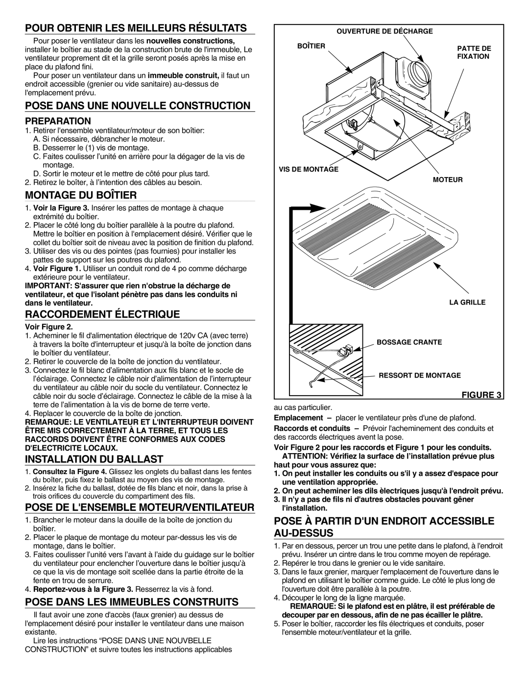 NuTone LS100LF, LS80LF Pour Obtenir LES Meilleurs Résultats, Pose Dans UNE Nouvelle Construction, Montage DU Boîtier 