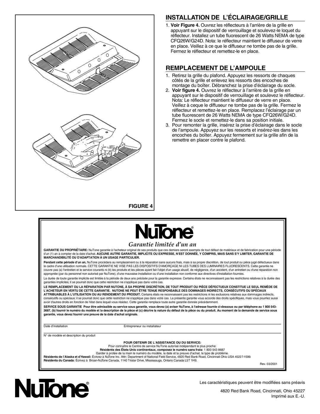 NuTone LS80LF, LS100LF Installation DE L’ÉCLAIRAGE/GRILLE, Remplacement DE L’AMPOULE, Garantie limitée d’un an 