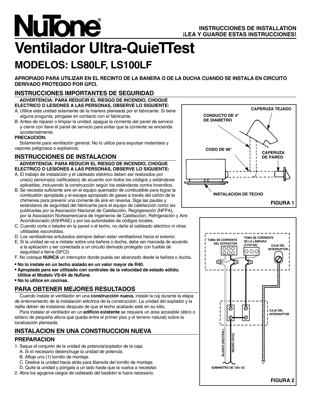 NuTone LS100LF Instrucciones Importantes DE Seguridad, Instrucciones DE Instalacion, Para Obtener Mejores Resultados 