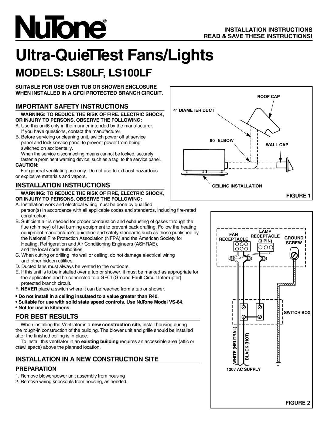 NuTone important safety instructions Ultra-QuieTTestFans/Lights, MODELS LS80LF, LS100LF, Important Safety Instructions 