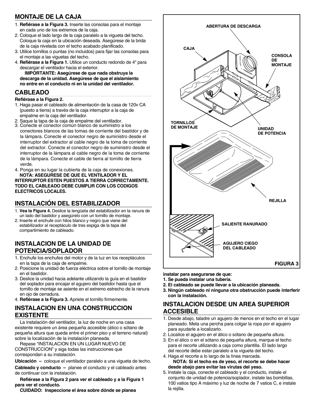 NuTone LS80LF Montaje De La Caja, Cableado, Instalación Del Estabilizador, Instalacion De La Unidad De Potencia/Soplador 