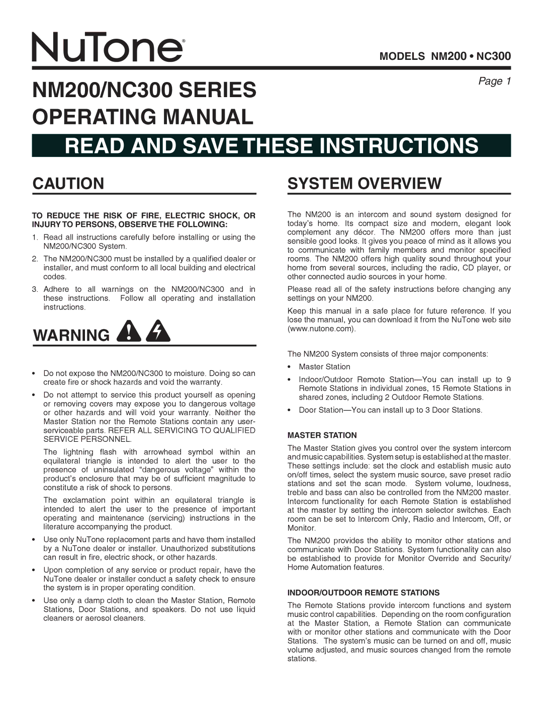 NuTone nm200, nc300 installation instructions System overview, Master Station, Indoor/Outdoor Remote Stations 