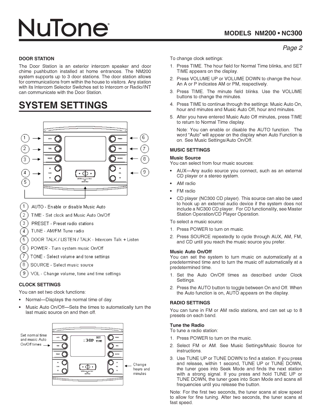 NuTone nc300, nm200 installation instructions System settings 