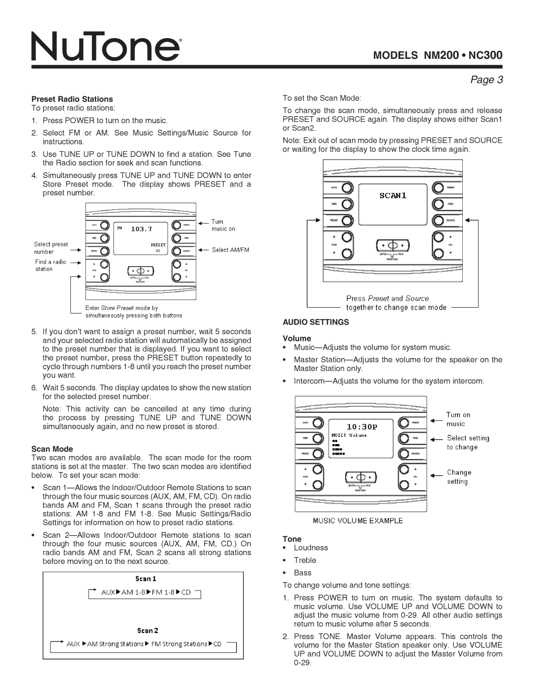 NuTone nm200, nc300 installation instructions Preset Radio Stations, Scan Mode, Audio Settings Volume, Tone 