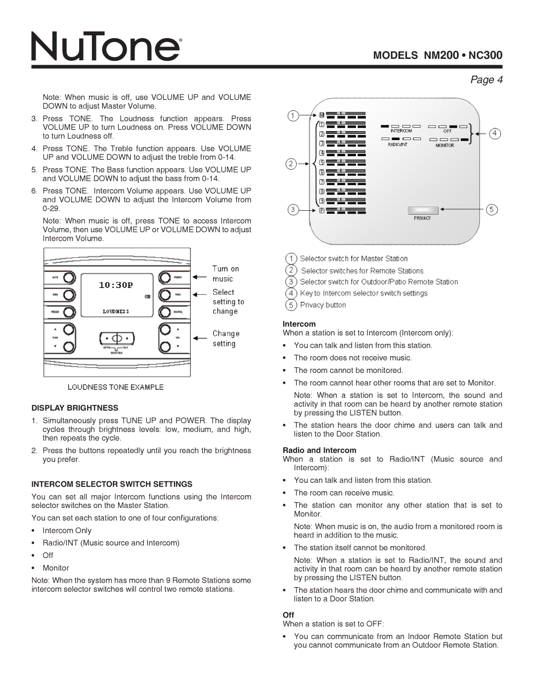 NuTone nc300, nm200 installation instructions Display Brightness, Intercom Selector Switch Settings, Radio and Intercom, Off 