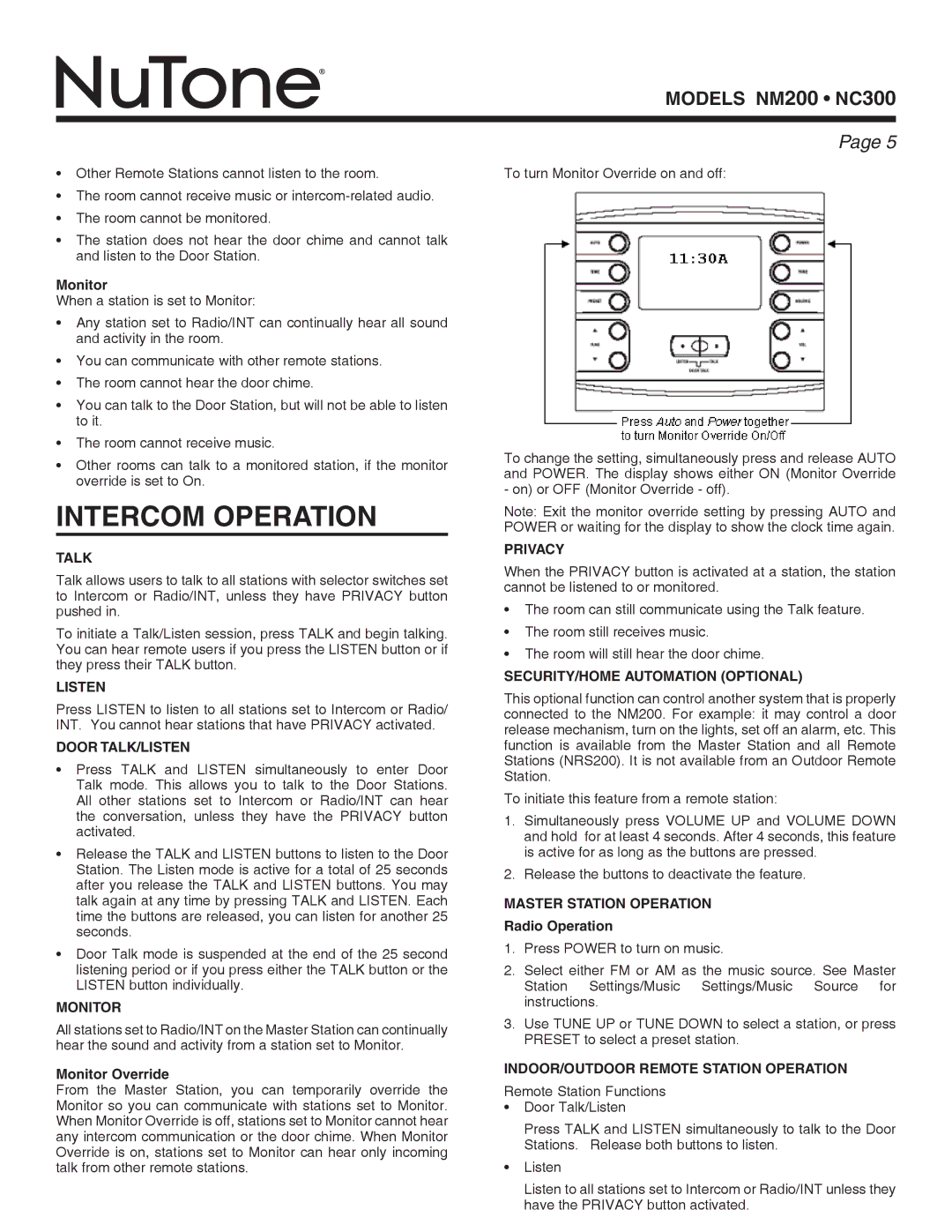 NuTone nm200, nc300 installation instructions Intercom operation 