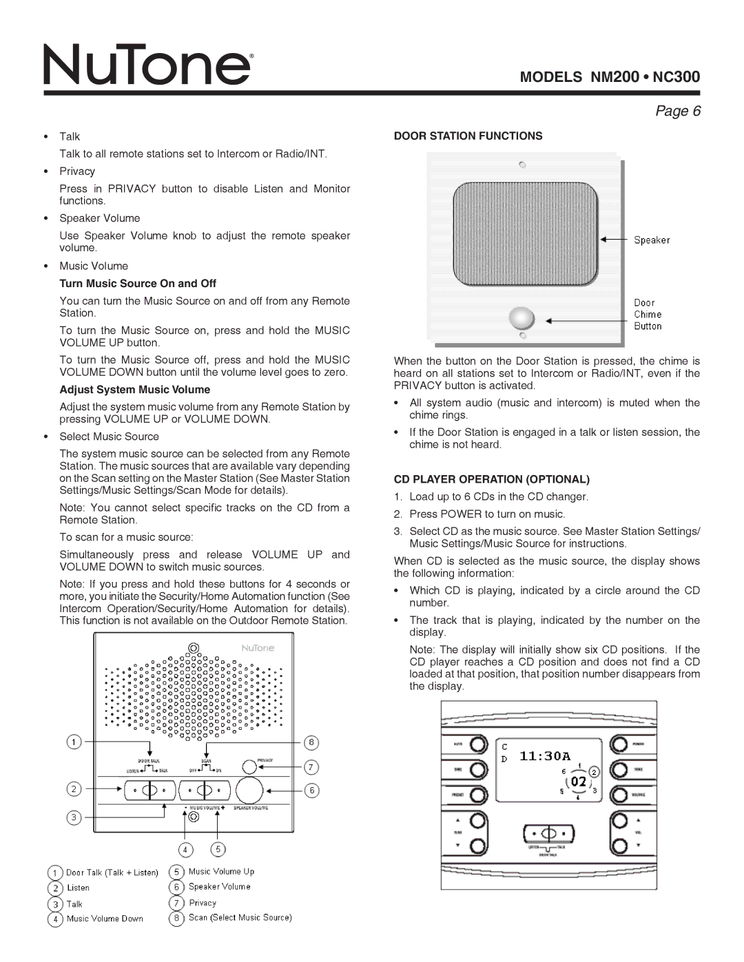 NuTone nc300, nm200 Turn Music Source On and Off, Adjust System Music Volume, Door Station Functions 