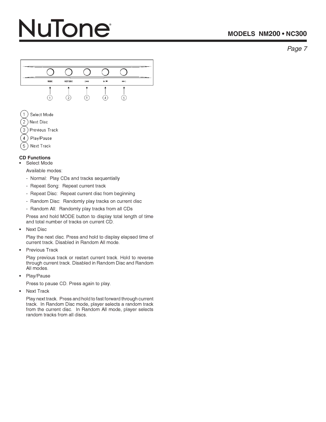 NuTone nm200, nc300 installation instructions CD Functions 