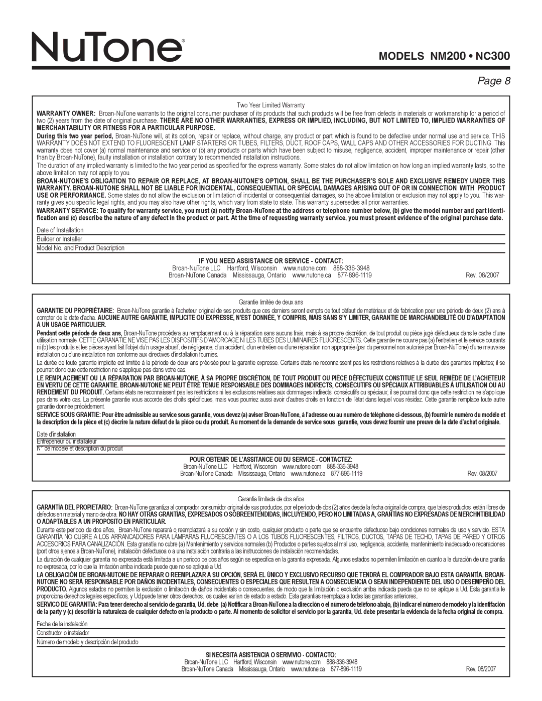 NuTone nc300, nm200 installation instructions Merchantability or Fitness for a Particular Purpose 