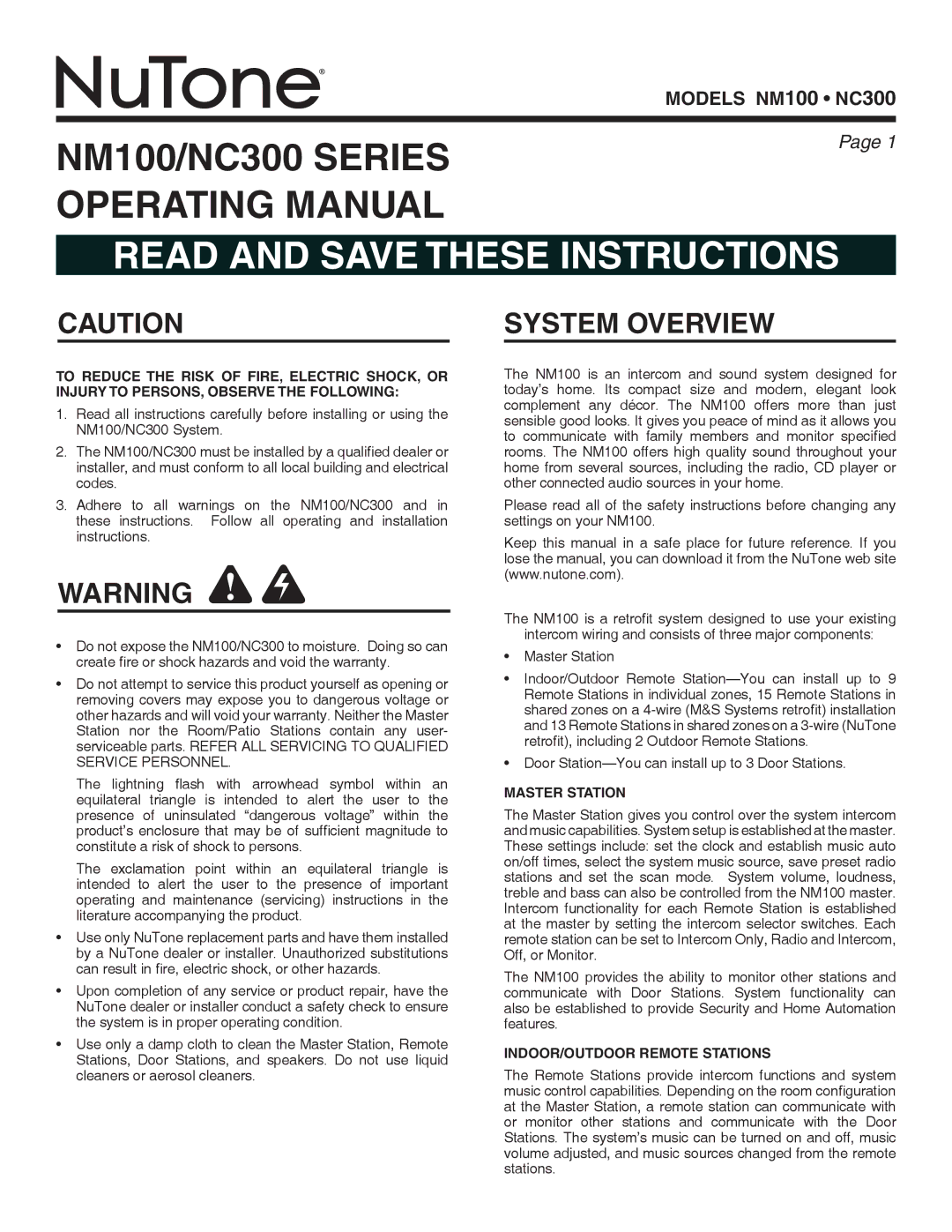 NuTone NM100 series installation instructions System overview, Master Station, Indoor/Outdoor Remote Stations 