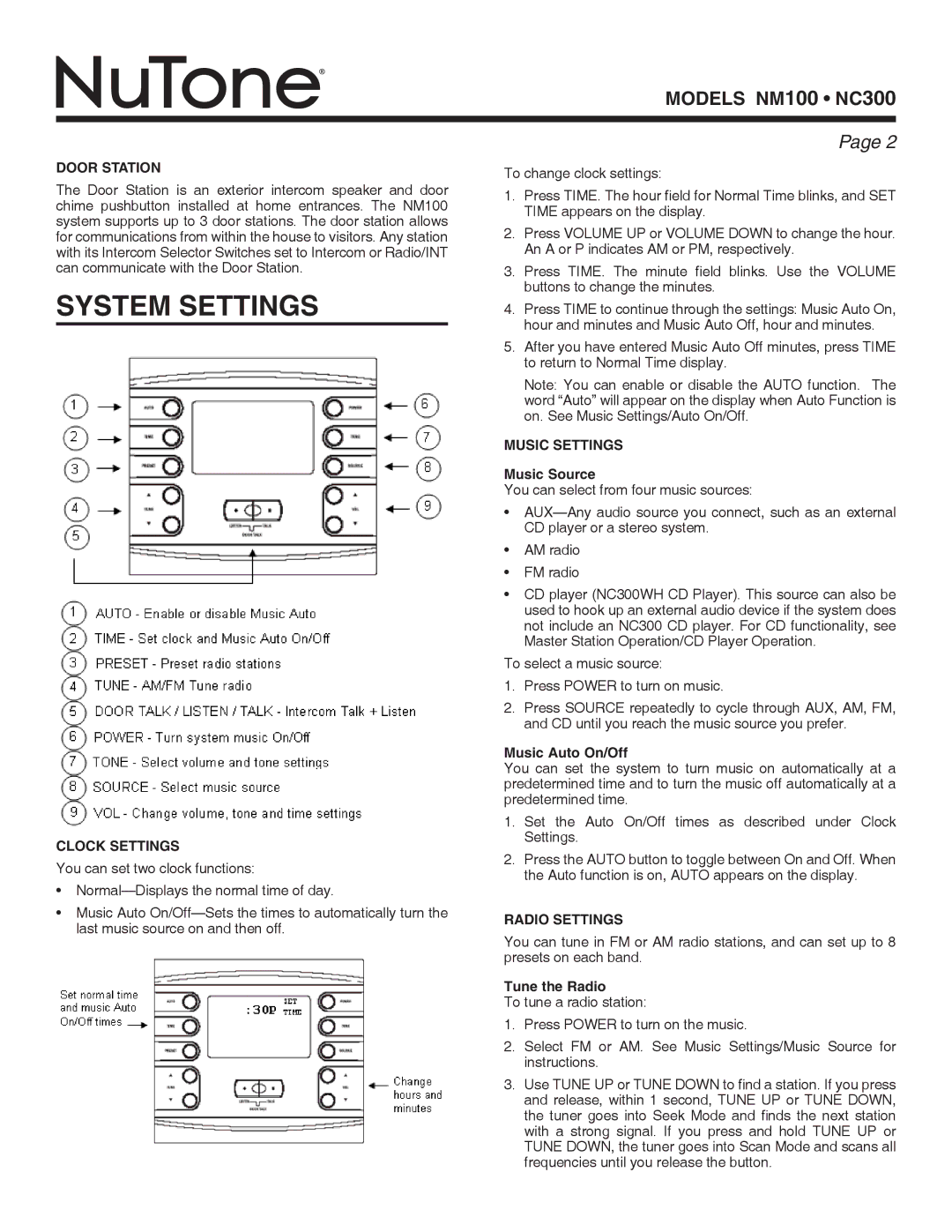 NuTone NC300 series, NM100 series installation instructions System Settings 