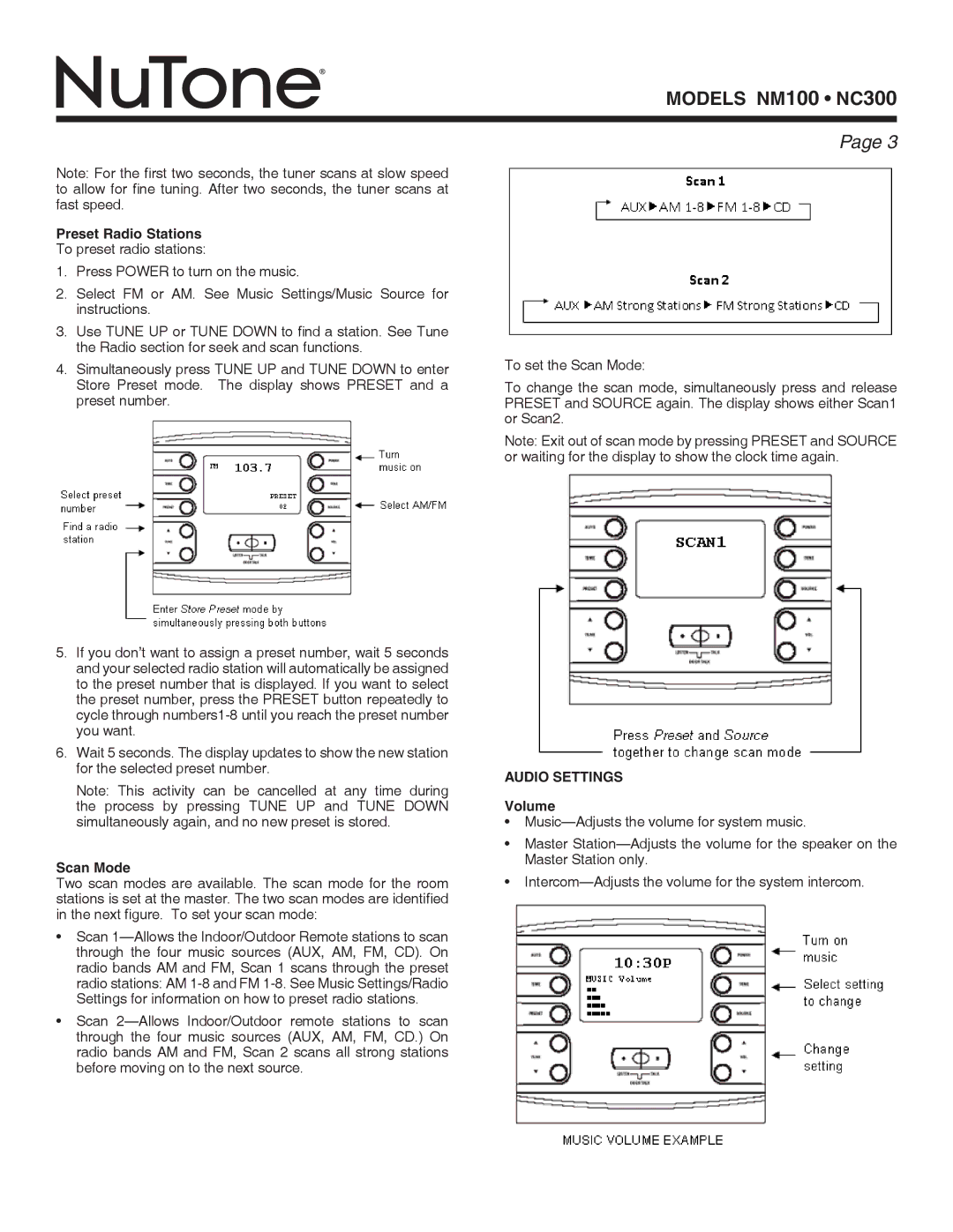 NuTone NM100 series, NC300 series installation instructions Preset Radio Stations, Scan Mode, Audio Settings Volume 