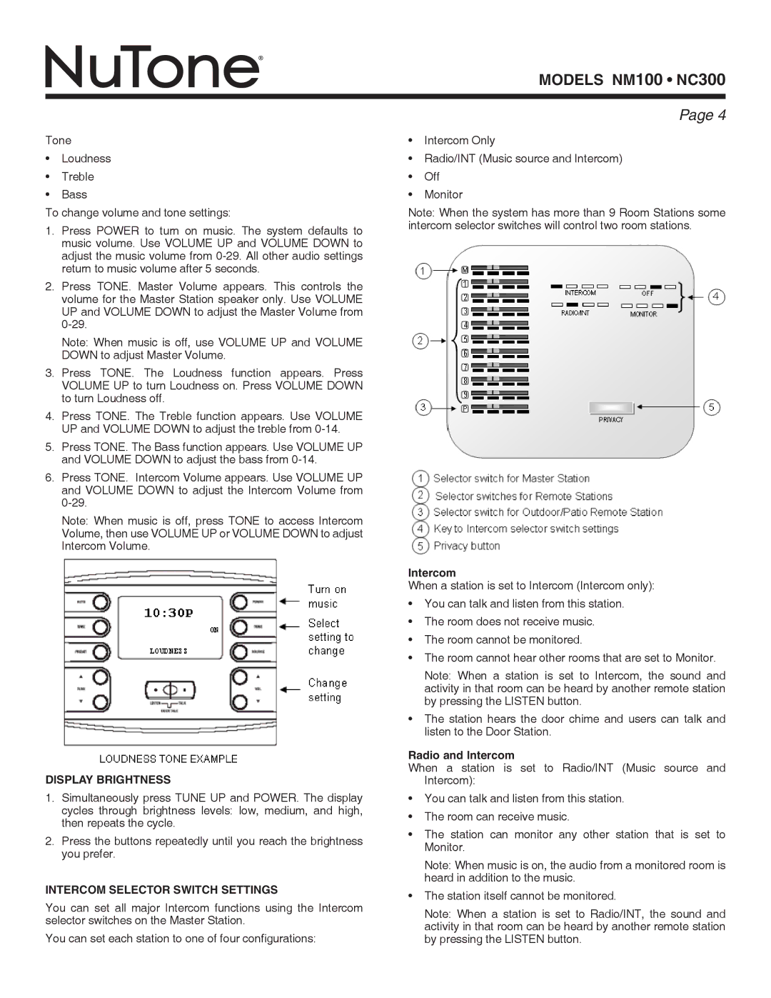 NuTone NC300 series, NM100 series Display Brightness, Intercom Selector Switch Settings, Radio and Intercom 