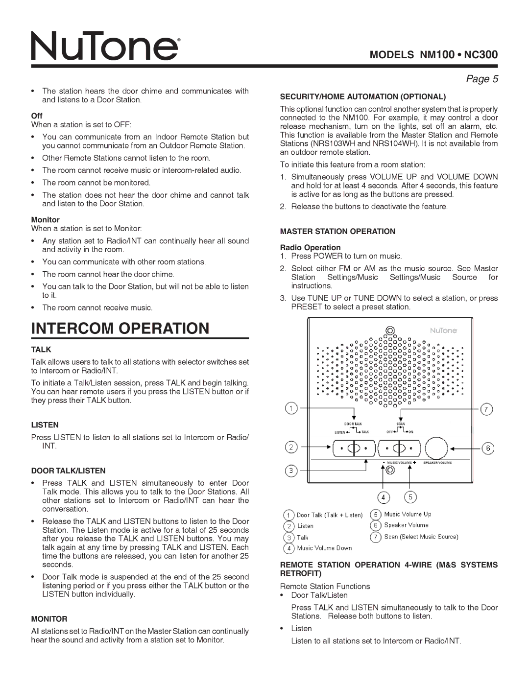 NuTone NM100 series, NC300 series installation instructions Intercom operation 