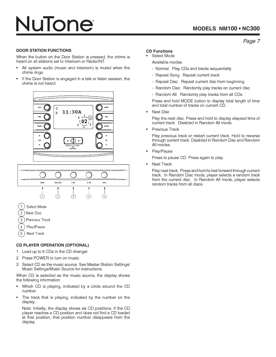 NuTone NM100 series, NC300 series Door Station Functions, CD Functions, CD Player Operation Optional 