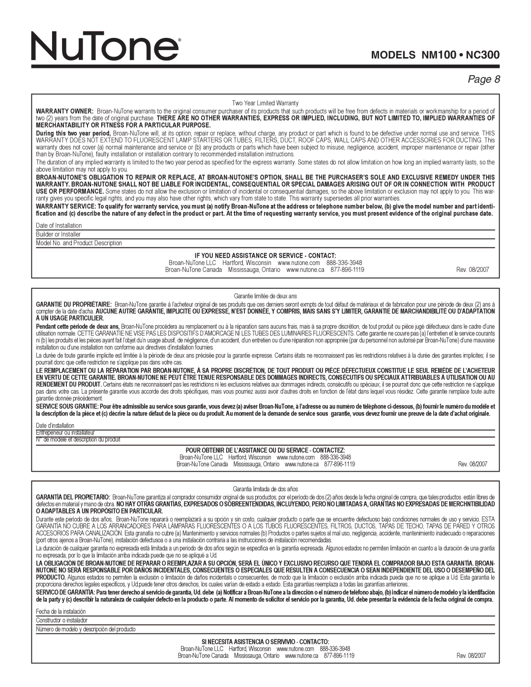 NuTone NC300 series, NM100 series installation instructions Merchantability or Fitness for a Particular Purpose 