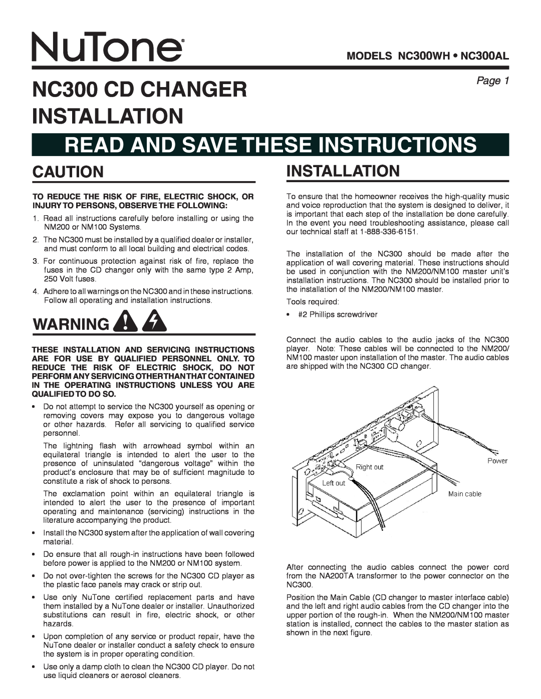NuTone NC300AL installation instructions models nc300wh nc300al, nC300 cd changer, read and save these instructions 