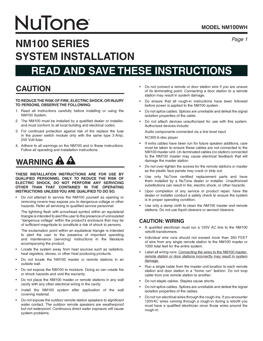 NuTone Nm100WH installation instructions System Installation 