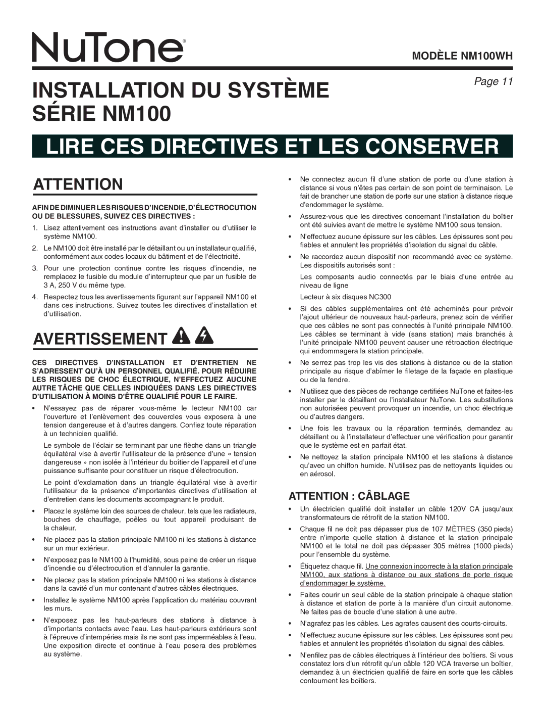 NuTone Nm100WH installation instructions Lire CES Directives ET LES Conserver, Avertissement 