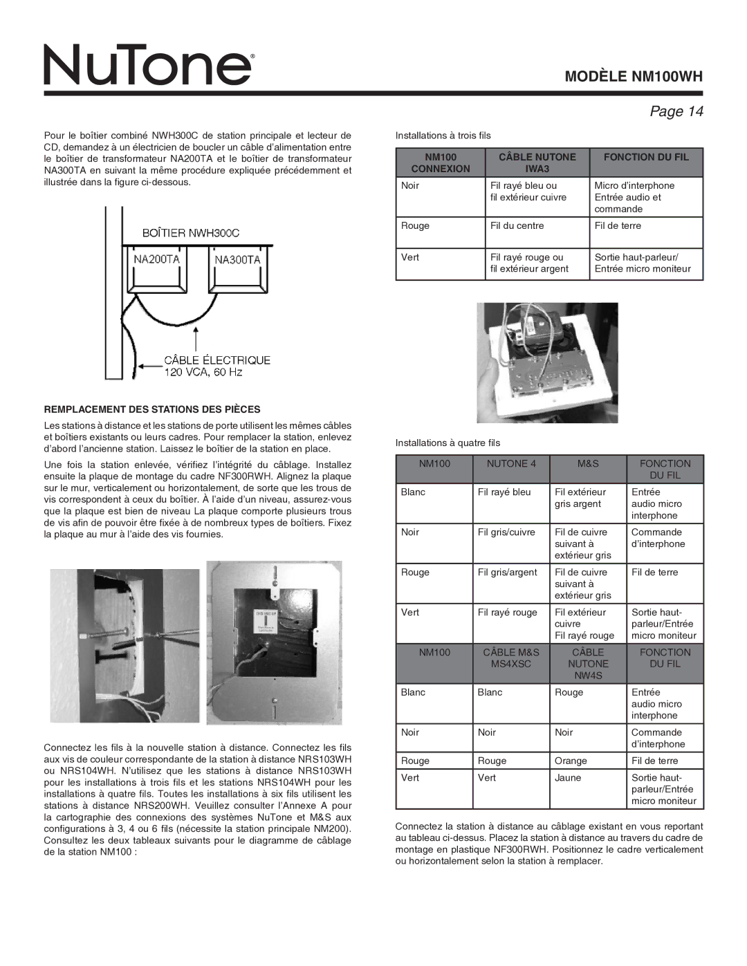 NuTone Nm100WH Remplacement DES Stations DES Pièces, NM100, Câble Nutone Fonction DU FIL Connexion IWA3 