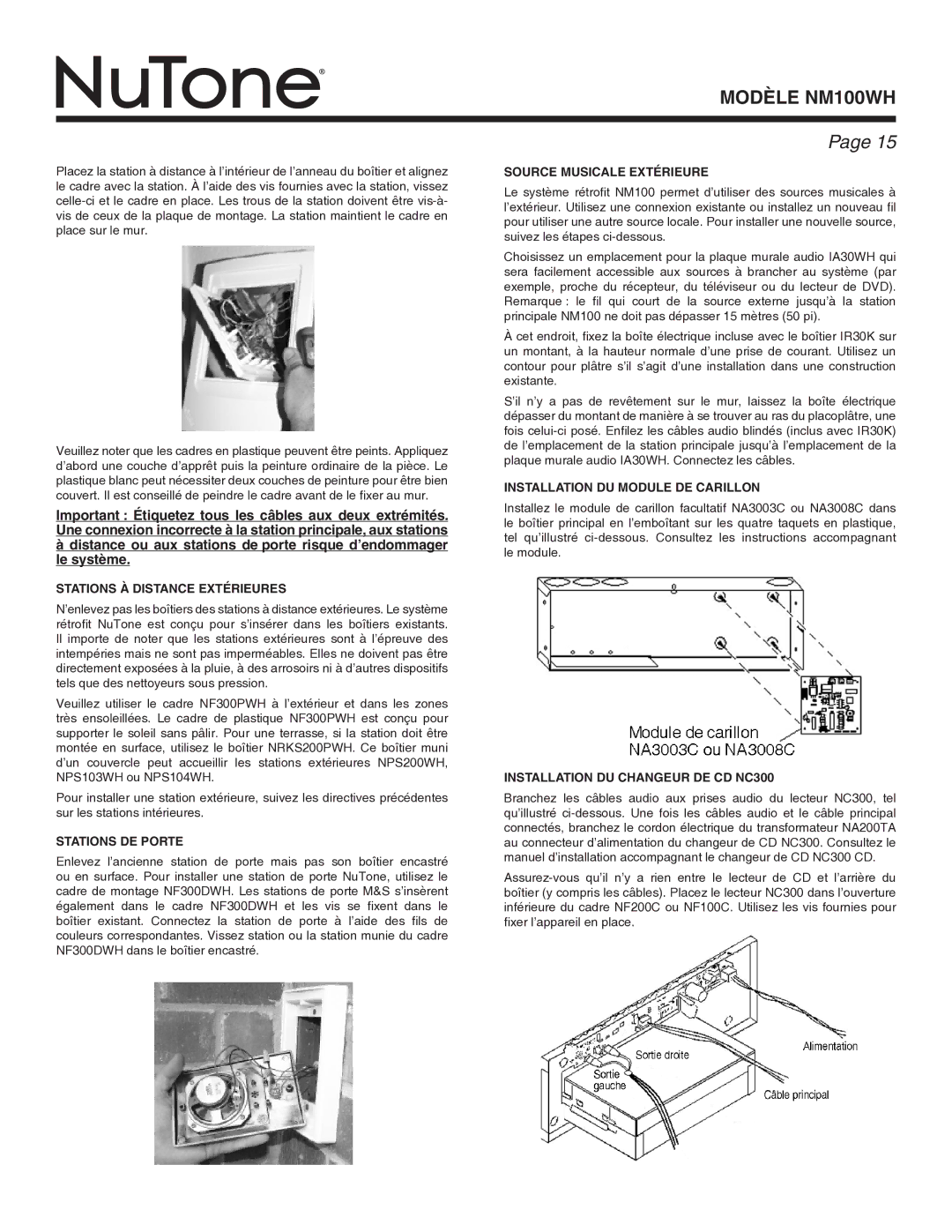 NuTone Nm100WH installation instructions Stations À Distance Extérieures, Stations DE Porte, Source Musicale Extérieure 