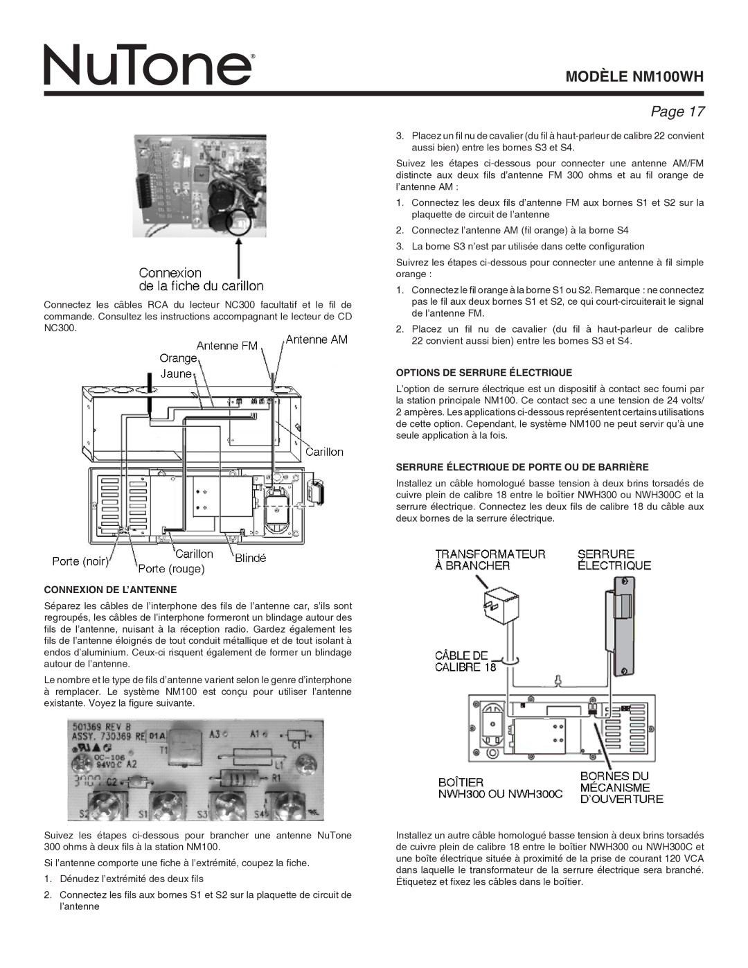 NuTone Nm100WH Connexion DE L’ANTENNE, Options DE Serrure Électrique, Serrure Électrique DE Porte OU DE Barrière 