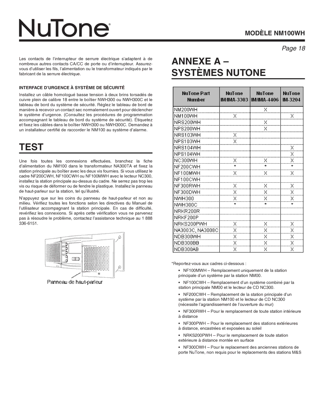 NuTone Nm100WH installation instructions Test, Annexe a Systèmes Nutone, Interface D’URGENCE À Système DE Sécurité 