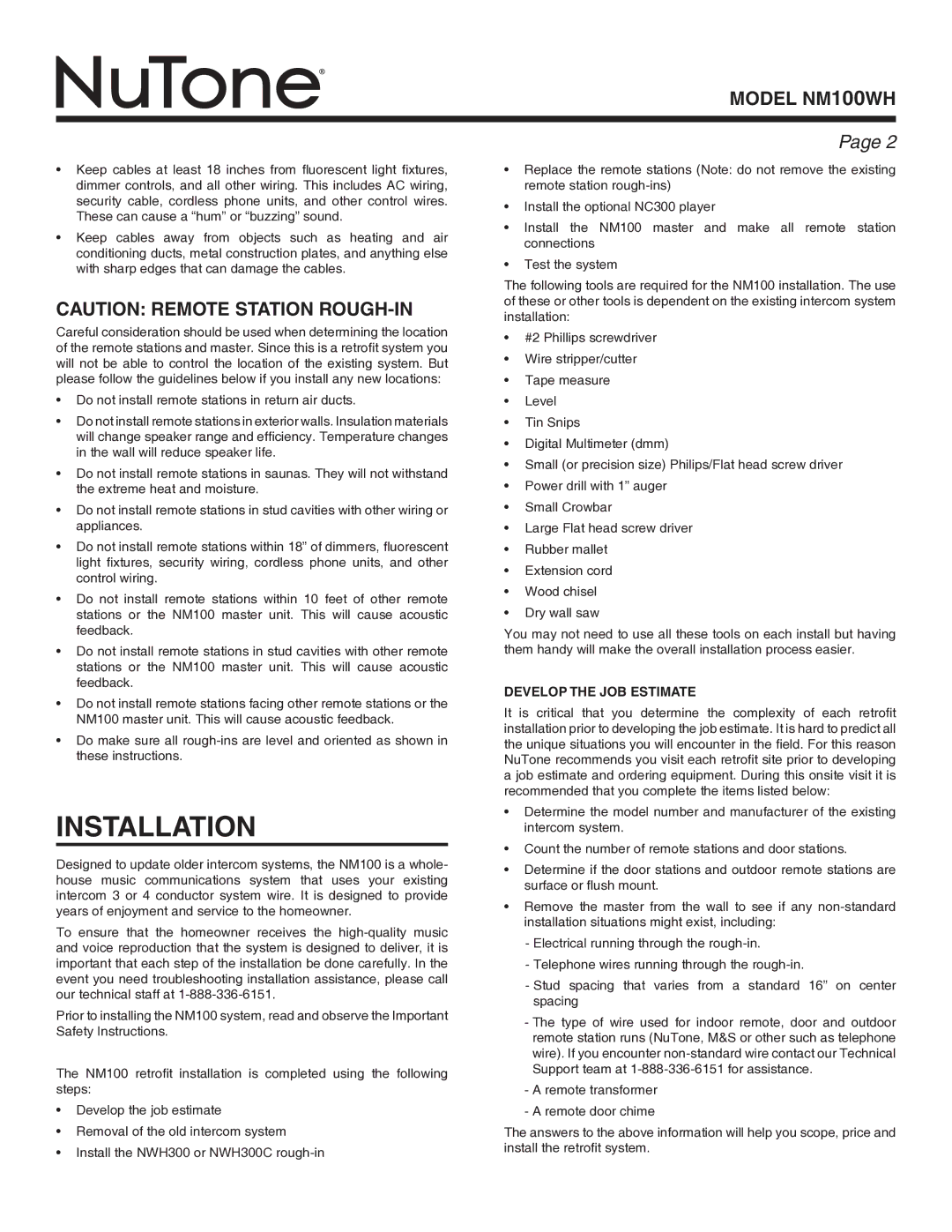 NuTone Nm100WH installation instructions Installation, Develop the Job Estimate 