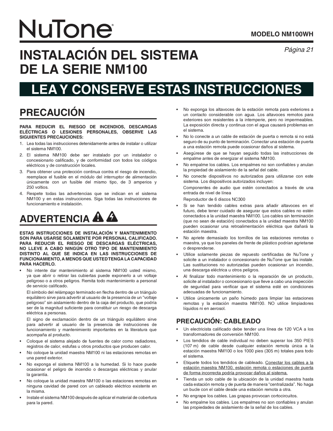 NuTone Nm100WH installation instructions Precaución, Advertencia 