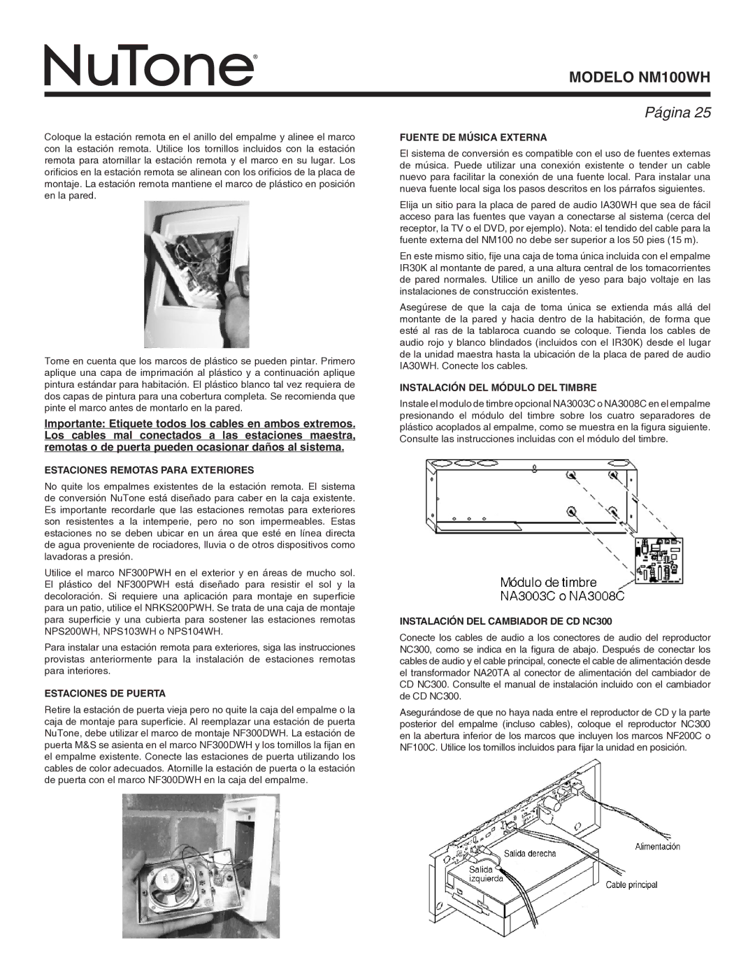 NuTone Nm100WH installation instructions Estaciones Remotas Para Exteriores, Estaciones DE Puerta, Fuente DE Música Externa 