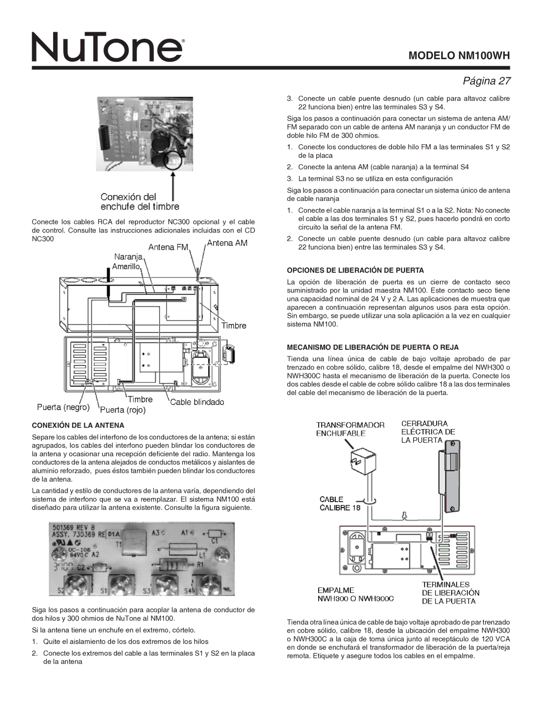 NuTone Nm100WH Conexión DE LA Antena, Opciones DE Liberación DE Puerta, Mecanismo DE Liberación DE Puerta O Reja 