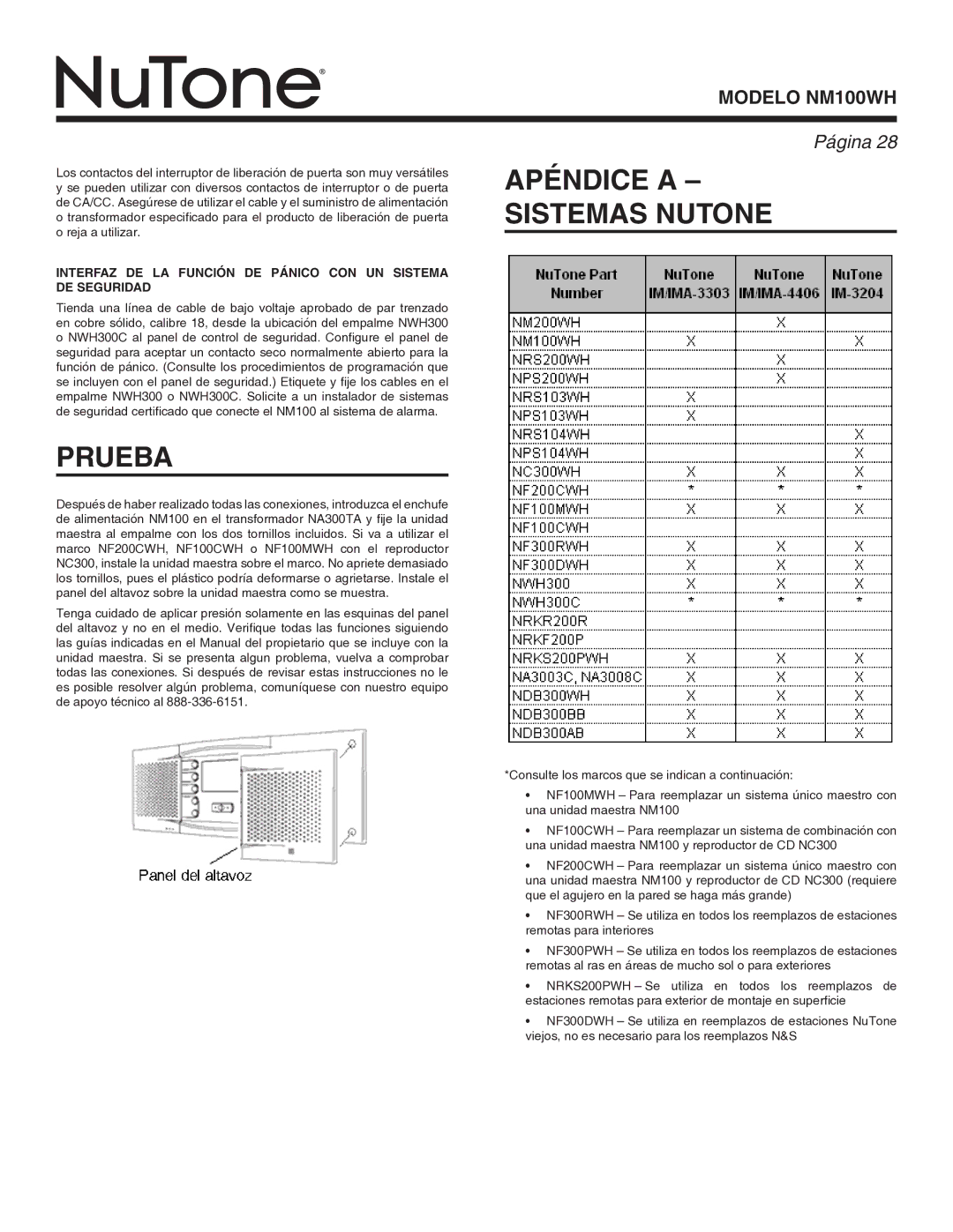 NuTone Nm100WH installation instructions Prueba, Apéndice a Sistemas Nutone 