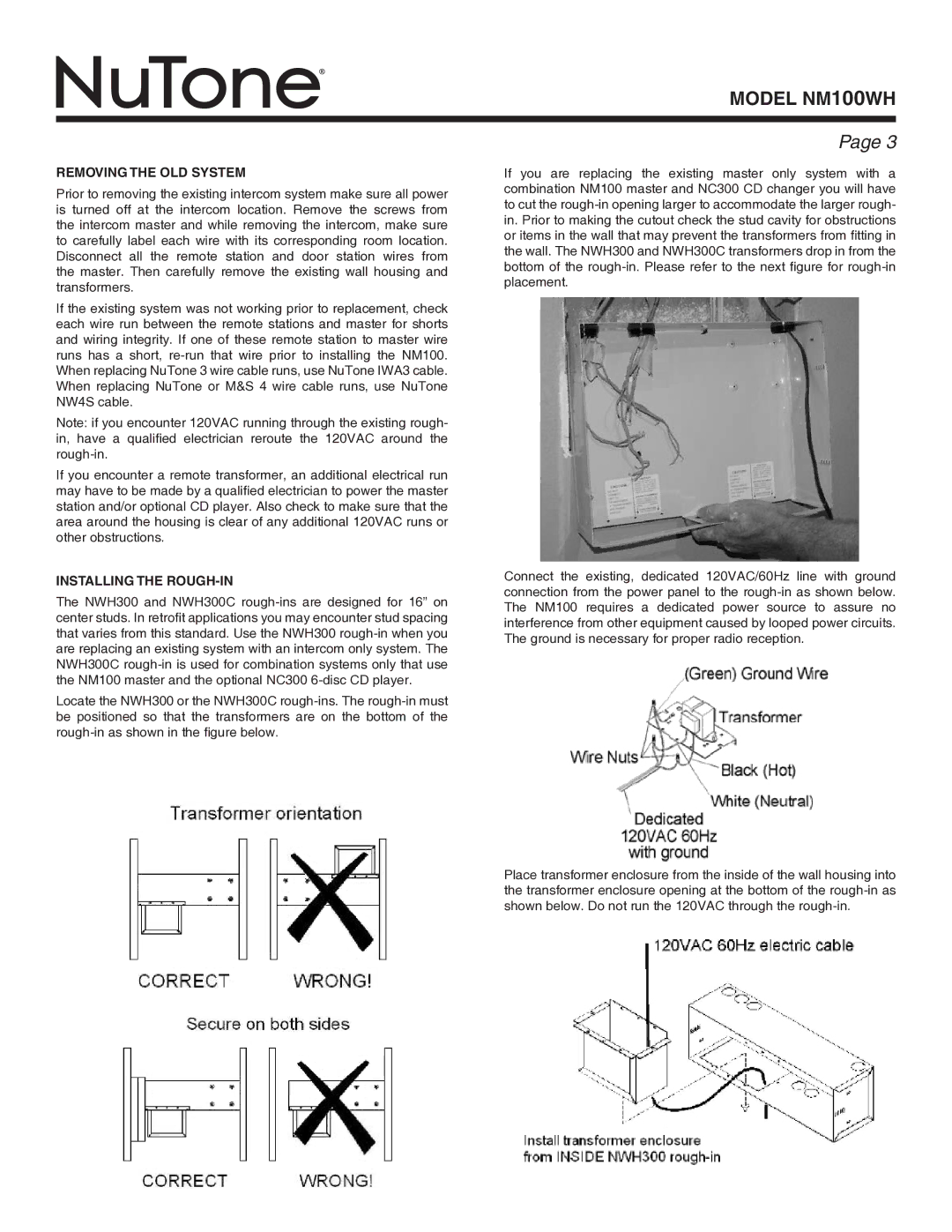 NuTone Nm100WH installation instructions Removing the Old System, Installing the Rough-In 