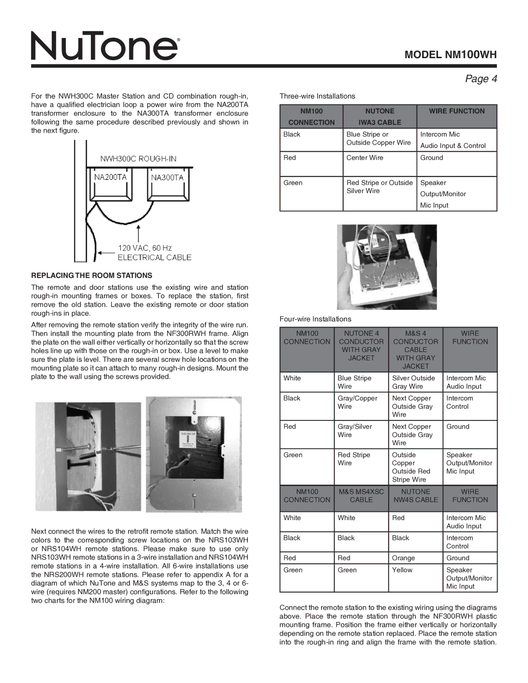 NuTone Nm100WH installation instructions NM100 NuTone Wire function Connection IWA3 Cable, Replacing the Room Stations 