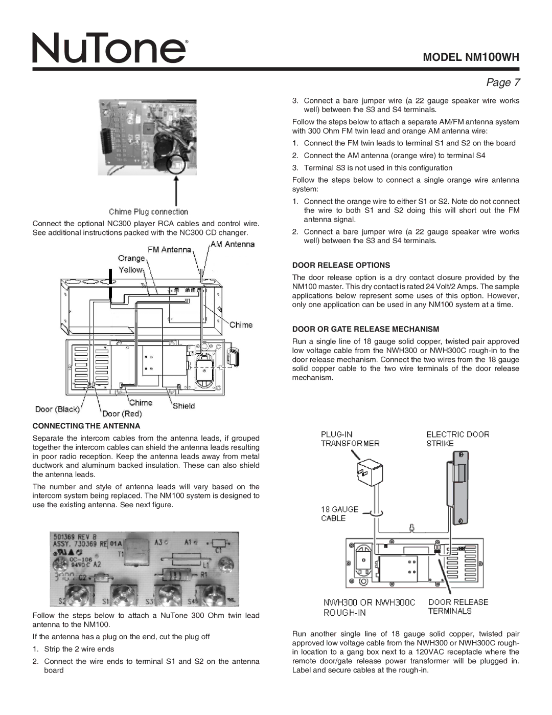 NuTone Nm100WH installation instructions Connecting the Antenna, Door Release Options, Door or Gate Release Mechanism 