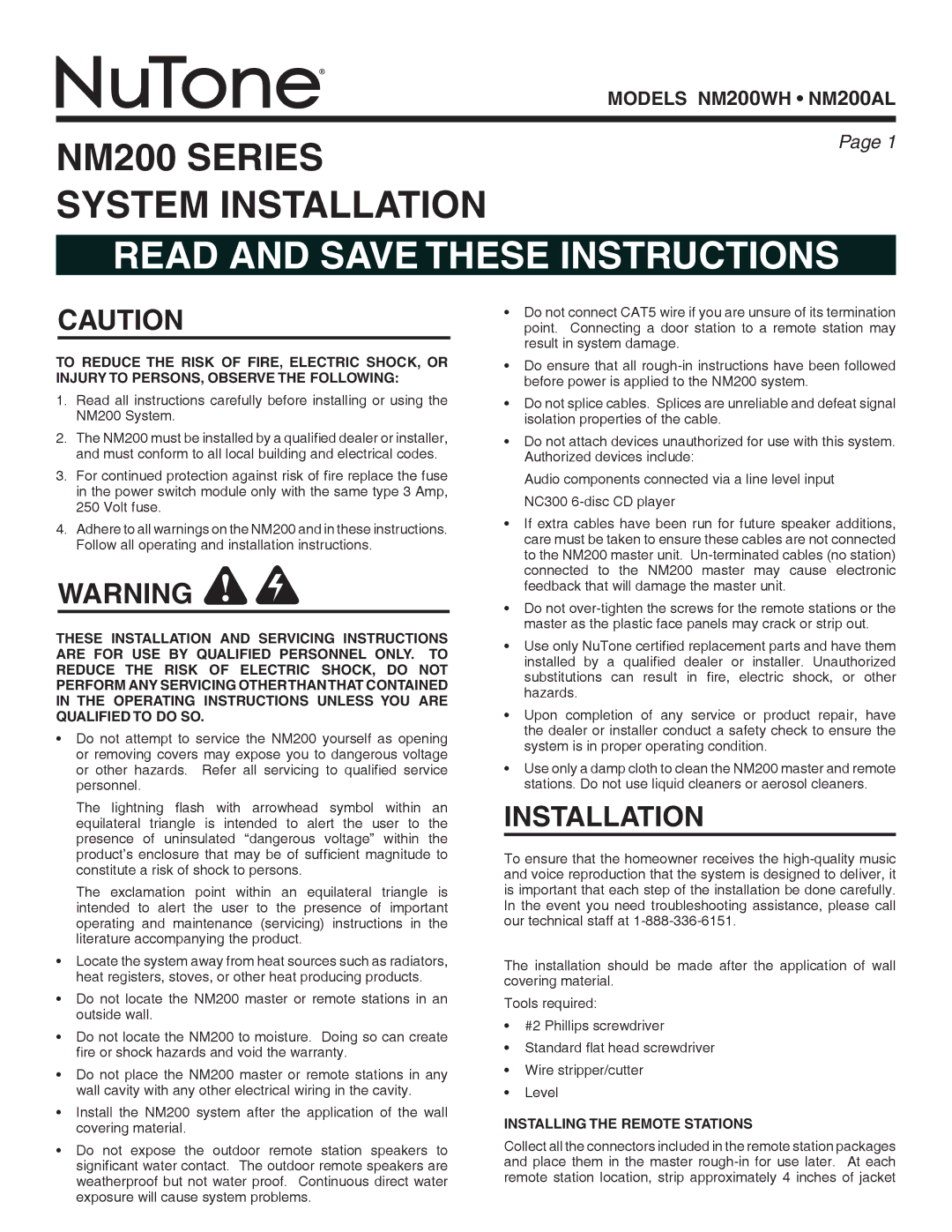 NuTone NM200WH, NM200AL installation instructions Read and save these instructions, Installing the Remote Stations 