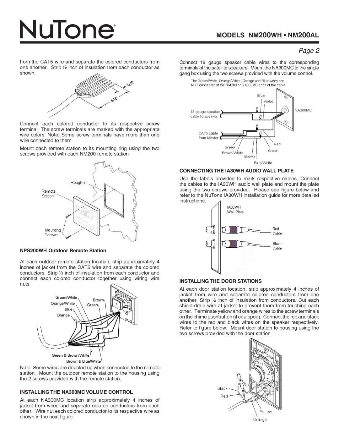 NuTone NM200AL NPS200WH Outdoor Remote Station, Installing the NA300MC Volume Control, Installing the Door Stations 