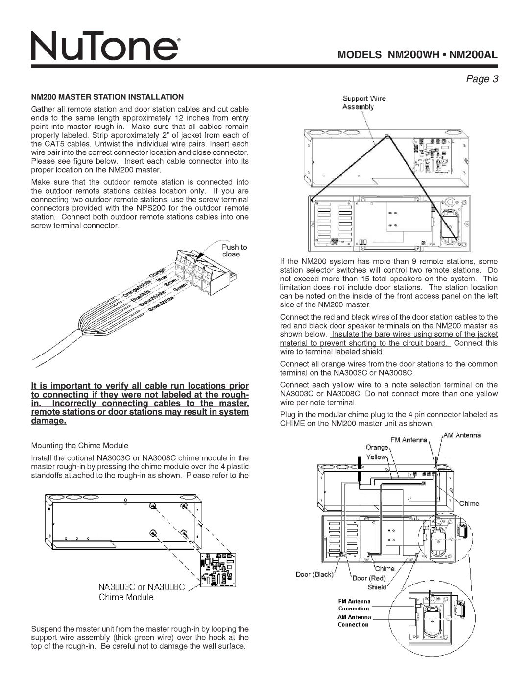 NuTone NM200WH, NM200AL installation instructions NM200 Master station Installation, Mounting the Chime Module 