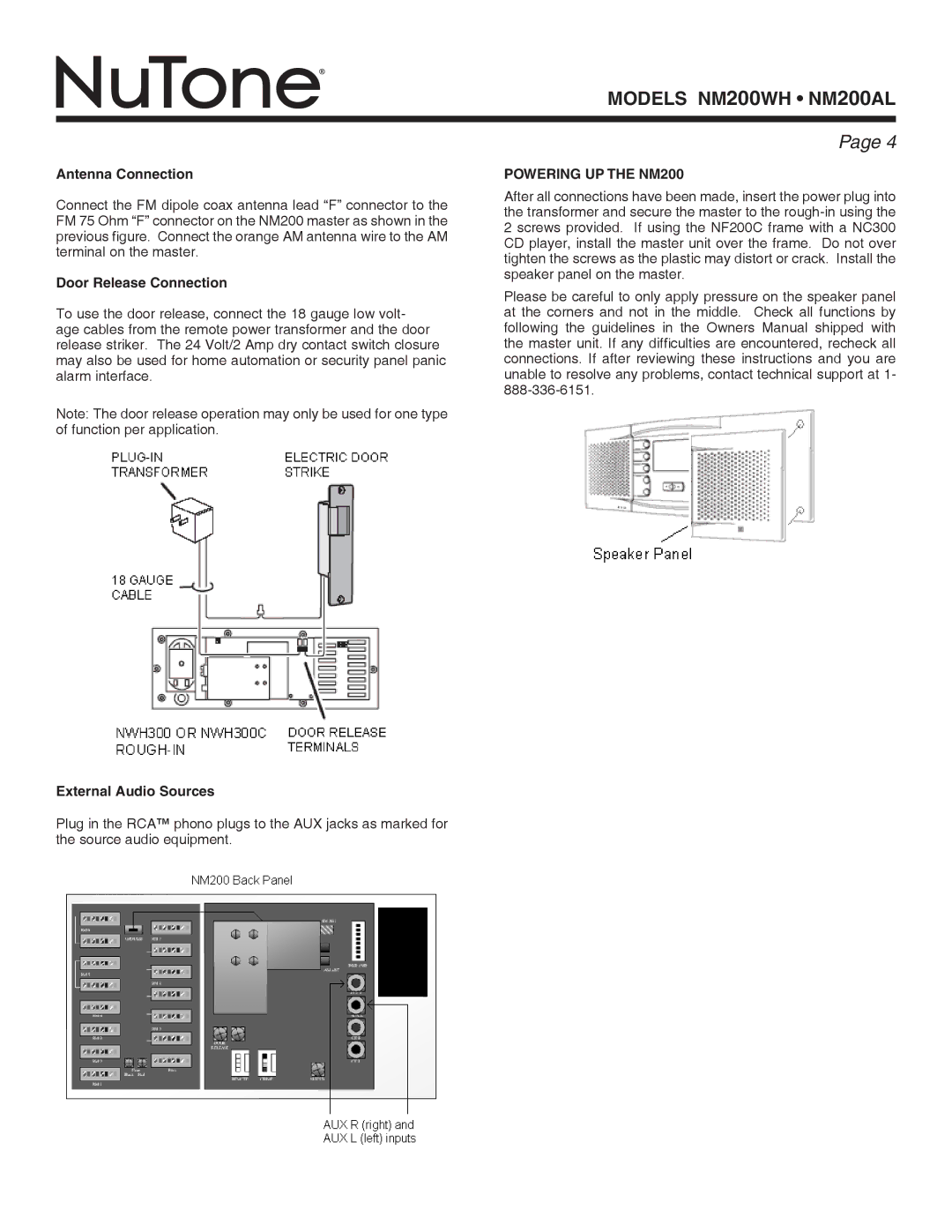 NuTone NM200AL, NM200WH Antenna Connection, Door Release Connection, External Audio Sources, Powering Up The NM200 