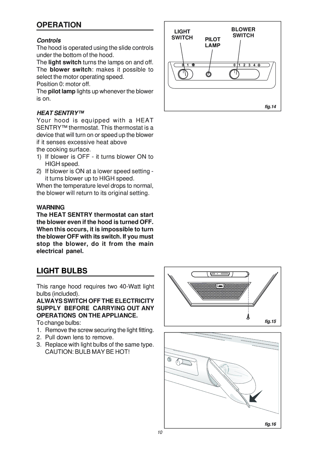 NuTone NP503004, NP50000 manual Operation, Light Bulbs, Controls, Heat Sentry 