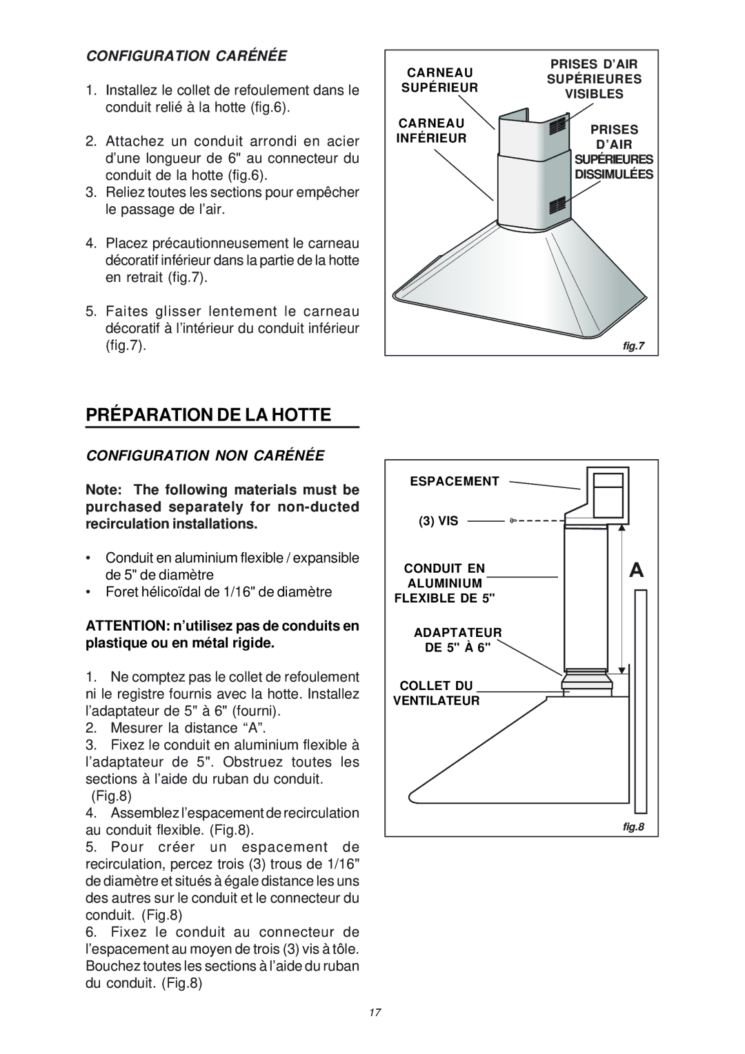 NuTone NP50000, NP503004 manual Préparation DE LA Hotte, Configuration Carénée, Configuration NON Carénée 