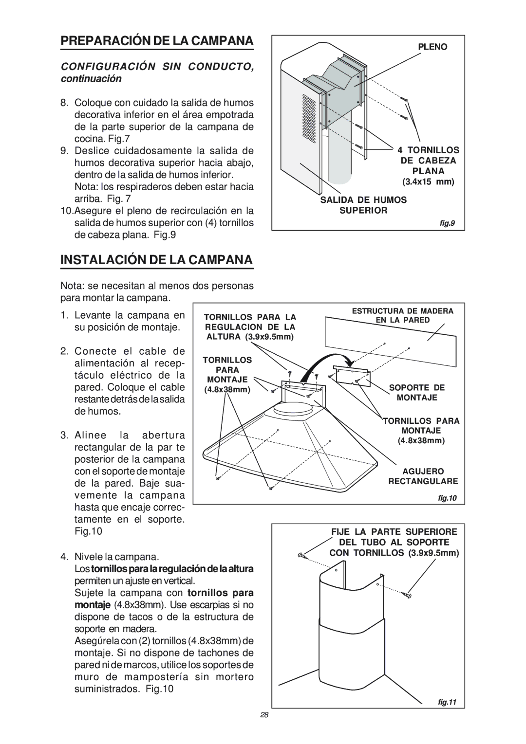 NuTone NP503004, NP50000 manual Instalación DE LA Campana, Configuración SIN CONDUCTO, continuación 