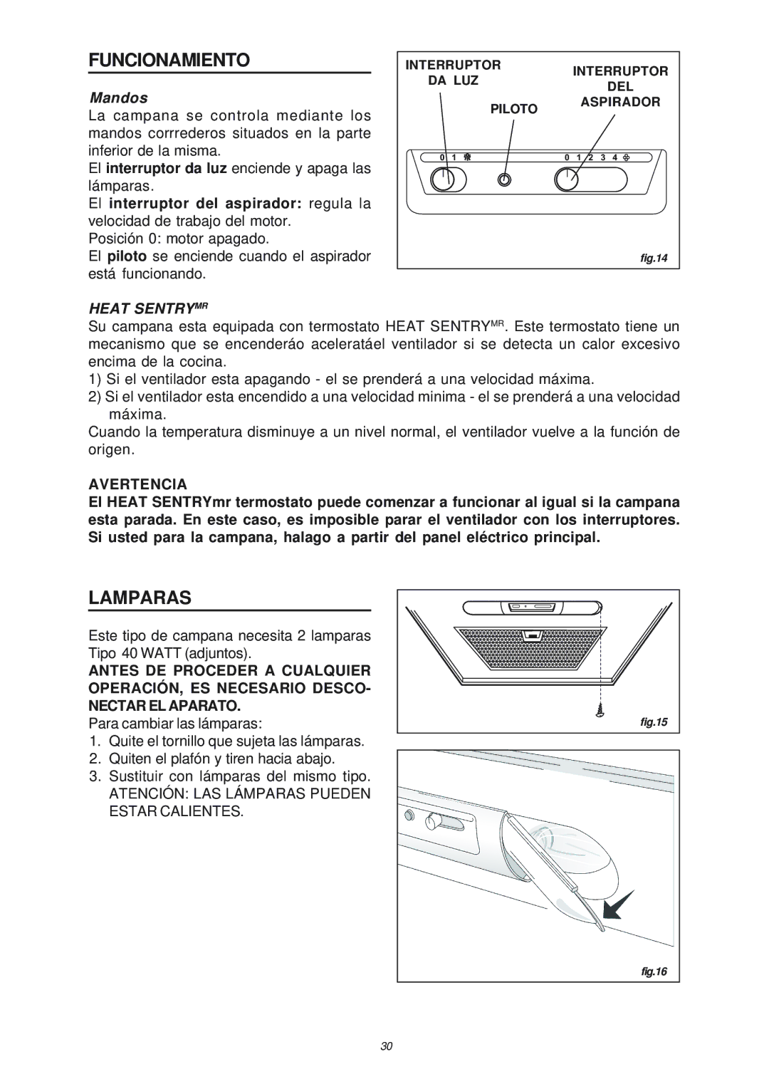 NuTone NP503004, NP50000 manual Funcionamiento, Lamparas, Mandos, Heat Sentrymr 