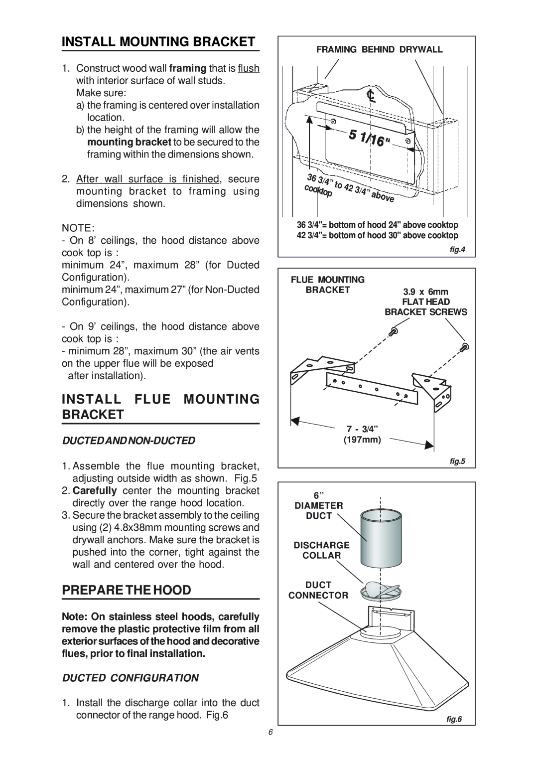 NuTone NP503004 manual Install Mounting Bracket, Install Flue Mounting Bracket, Ductedandnon-Ducted, Ducted Configuration 