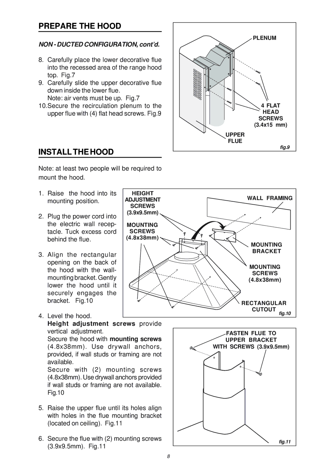 NuTone NP503004, NP50000 manual Install the Hood, NON Ducted CONFIGURATION, cont’d 