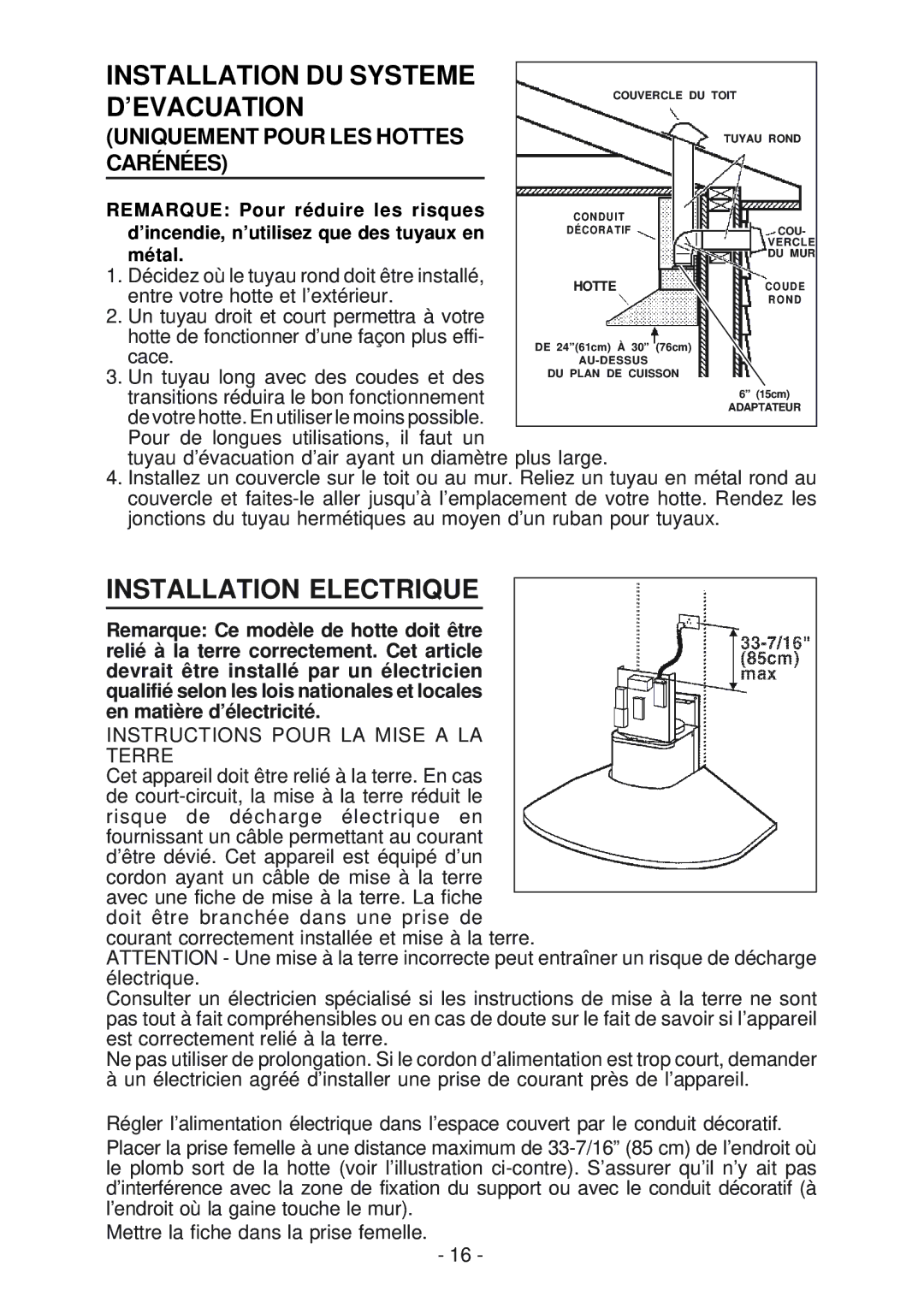 NuTone NP51000, NP52000 manual Installation DU Systeme, ’Evacuation, Installation Electrique 