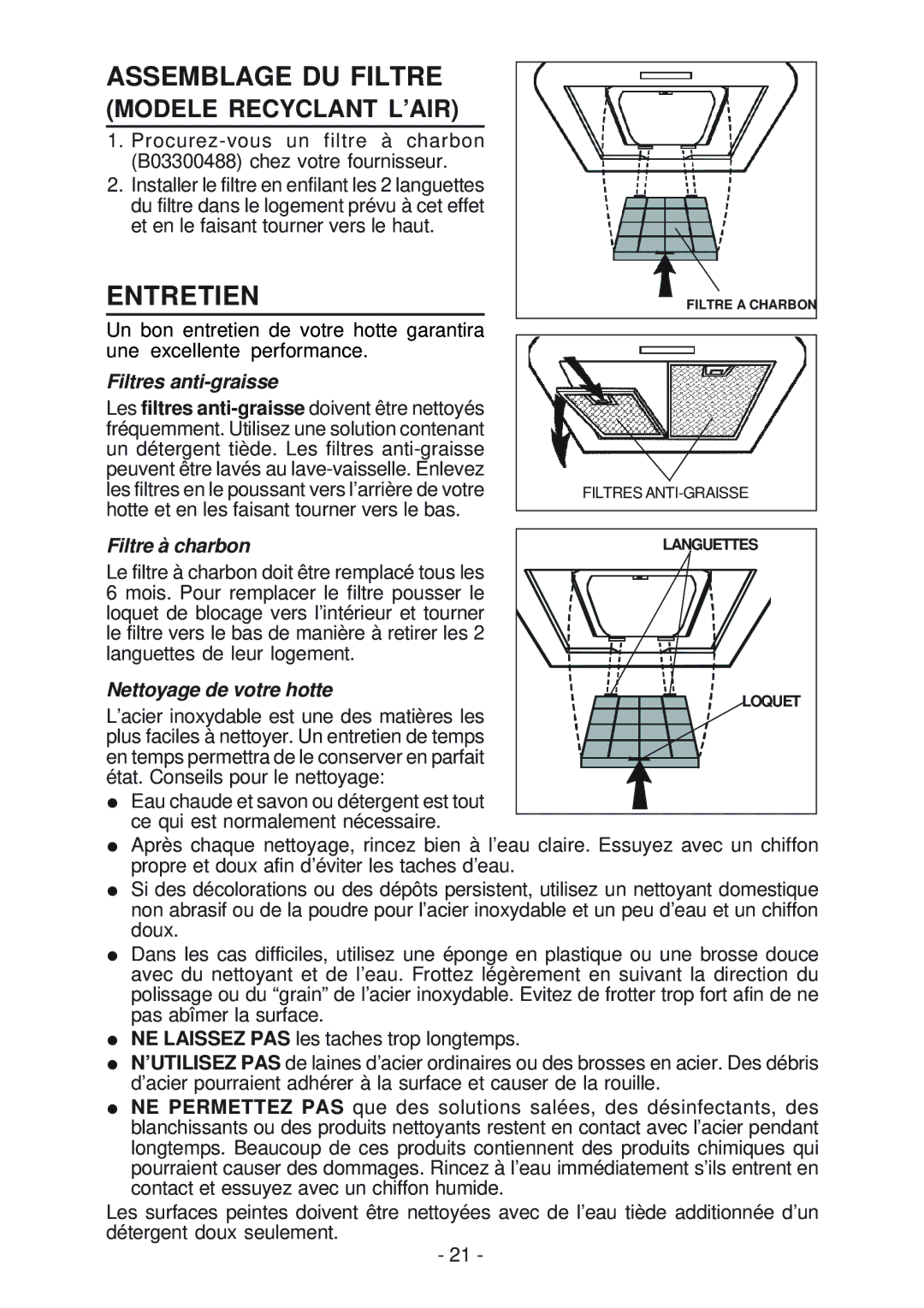 NuTone NP52000, NP51000 Assemblage DU Filtre, Entretien, Filtres anti-graisse, Filtre à charbon, Nettoyage de votre hotte 