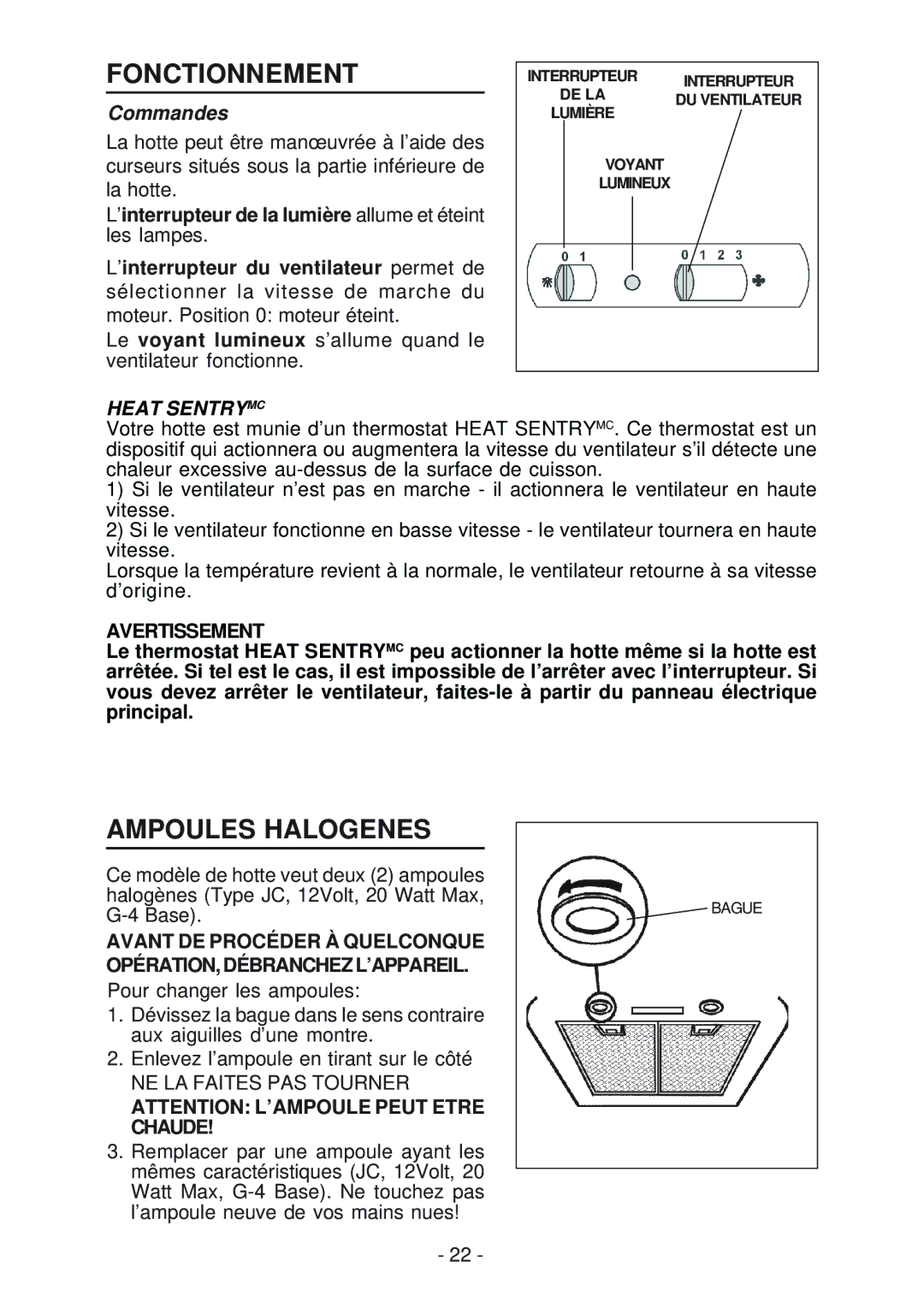 NuTone NP51000, NP52000 manual Fonctionnement, Ampoules Halogenes, Commandes, Heat Sentrymc, Avertissement 