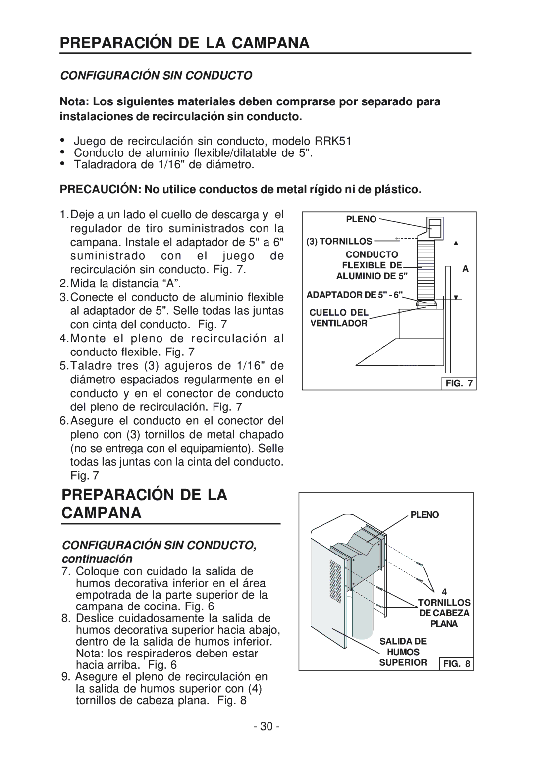 NuTone NP51000, NP52000 manual Configuración SIN Conducto, Configuración SIN CONDUCTO, continuación 